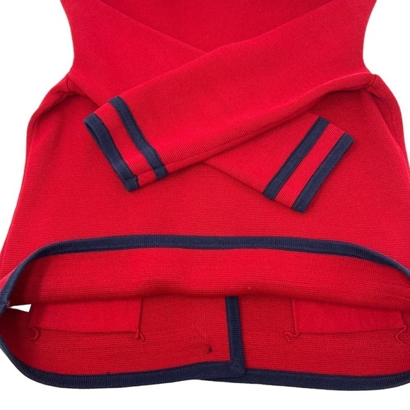 Talbots Cardigan Sweater Red Navy Trim 3/4 Sleeve Pockets Heavy Knit Size Med P - Picture 10 of 12